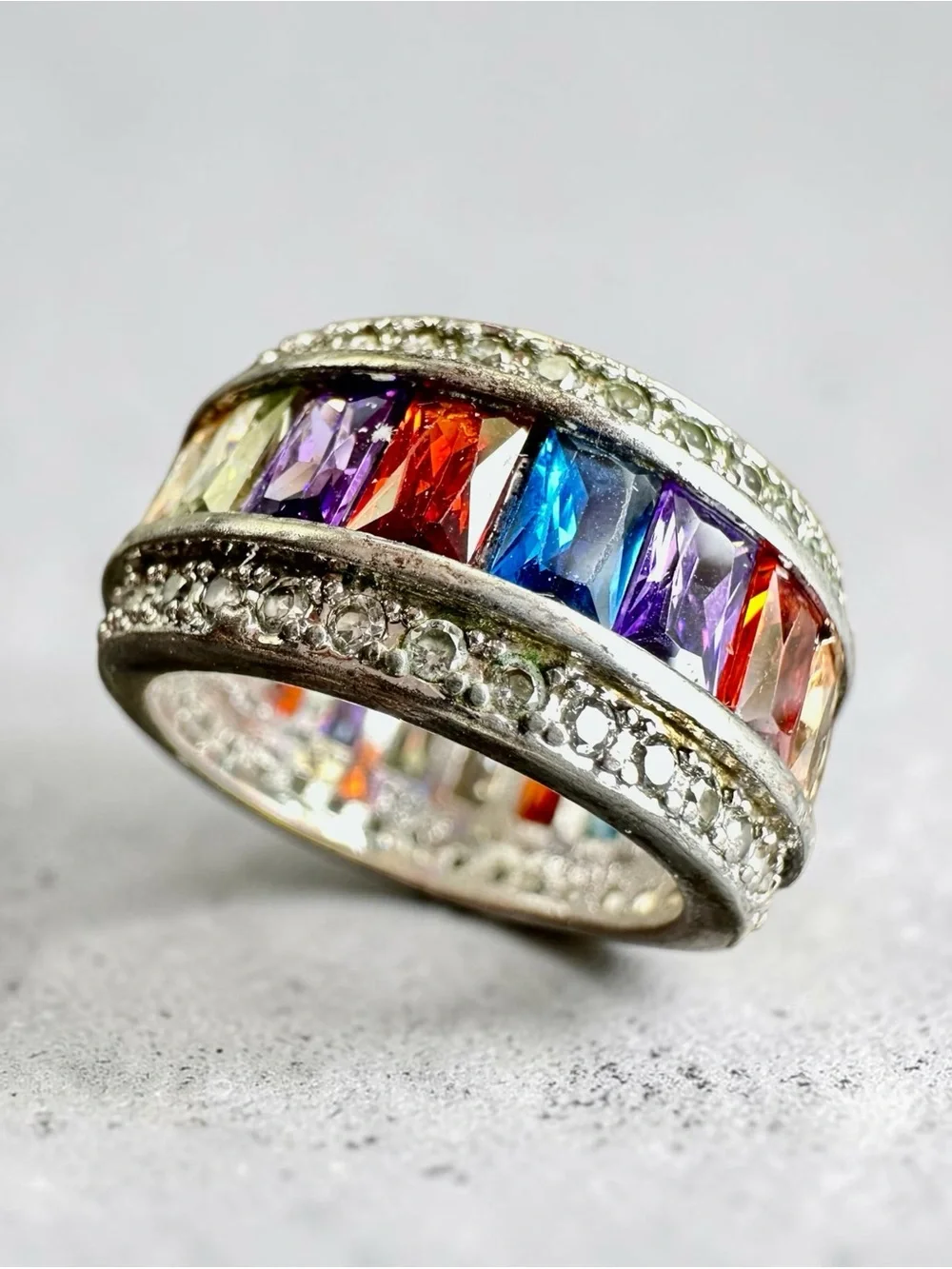 Sterling Silver Plated Multi-Color Gemstone Eternity Ring (Size 6.5 )